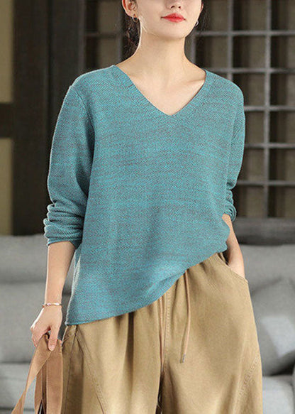 Art Rose V Neck Solid Cotton Knit Sweater Batwing Sleeve