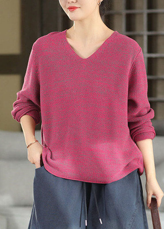Art Rose V Neck Solid Cotton Knit Sweater Batwing Sleeve