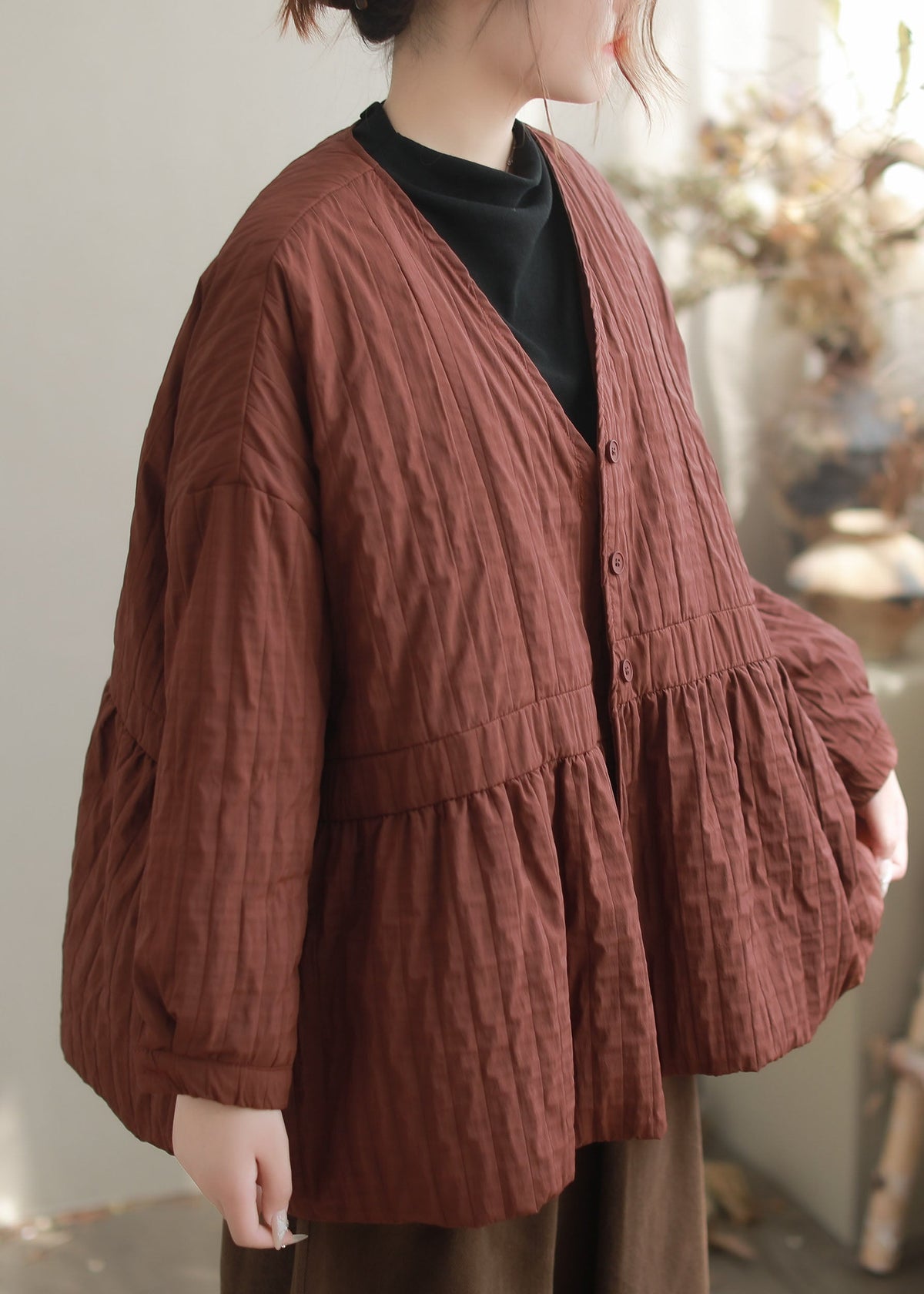 Art Rust Red Oversized Wrinkled Fine Cotton Filled Jackets Winter