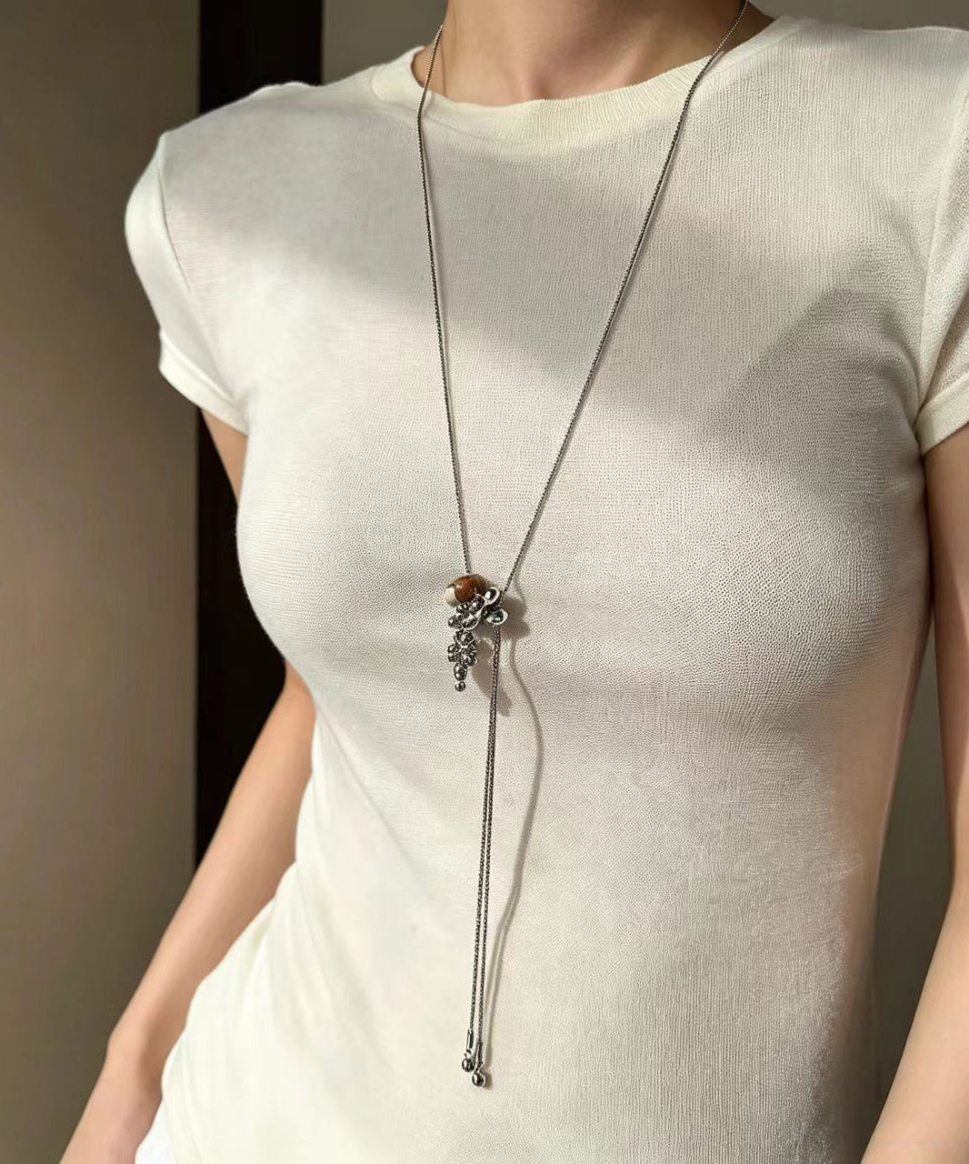 Art Silk Natural Stone Titanium Steel Lariat Necklace