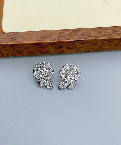 Art Silk Sterling Silver Zircon Rose Stud Earrings