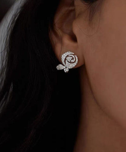 Art Silk Sterling Silver Zircon Rose Stud Earrings