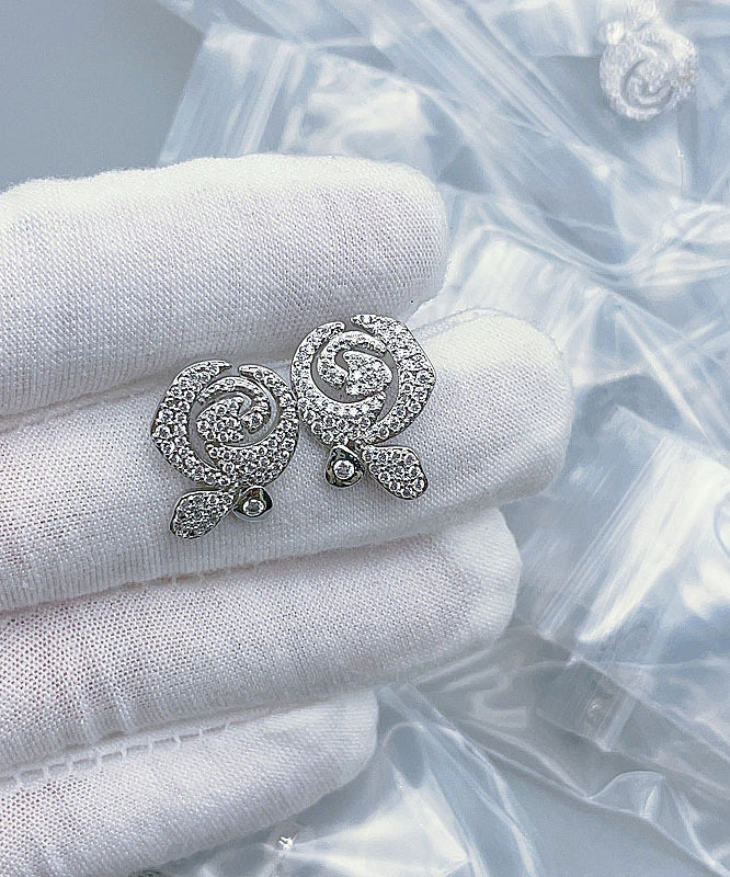 Art Silk Sterling Silver Zircon Rose Stud Earrings