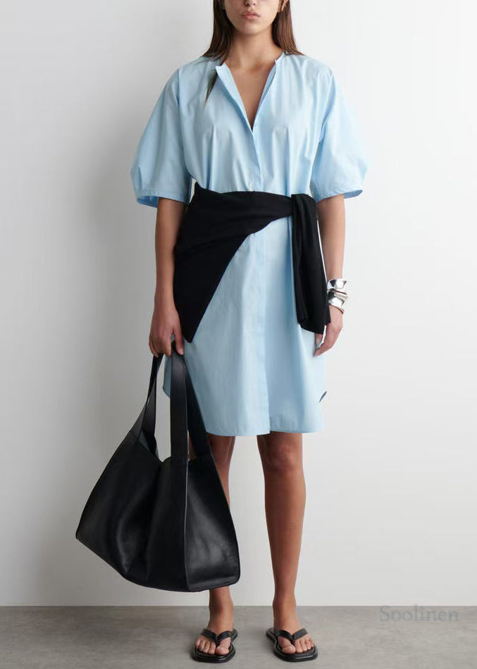 Art Sky Blue Puff Sleeve Cotton Work Dress Summer
