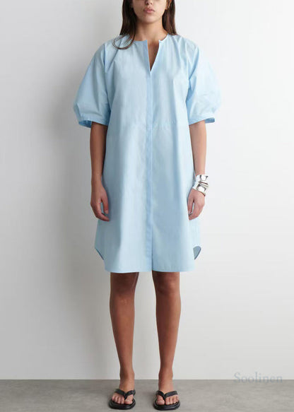 Art Sky Blue Puff Sleeve Cotton Work Dress Summer