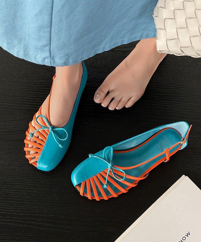 Art Splicing Walking Sandals Blue Cowhide Leather Hollow Out