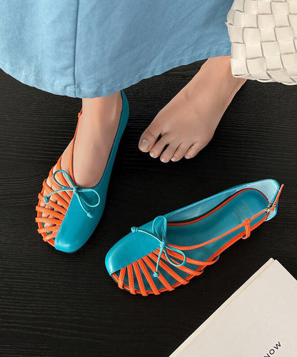 Art Splicing Walking Sandals Blue Cowhide Leather Hollow Out