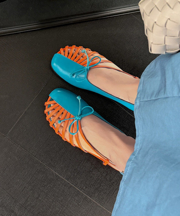 Art Splicing Walking Sandals Blue Cowhide Leather Hollow Out