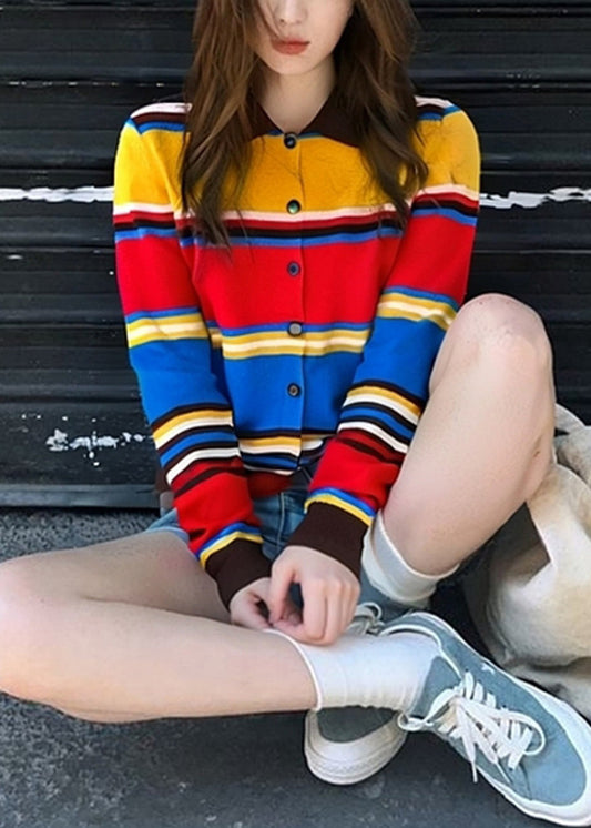 Art Striped Button Cozy Patchwork Knit Cardigan Fall