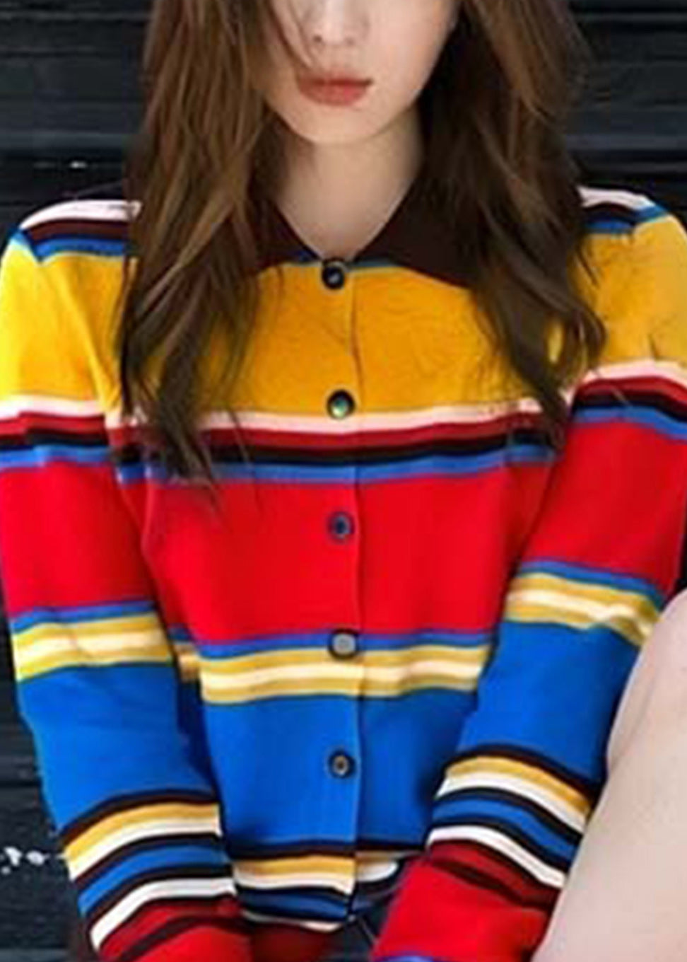 Art Striped Button Cozy Patchwork Knit Cardigan Fall