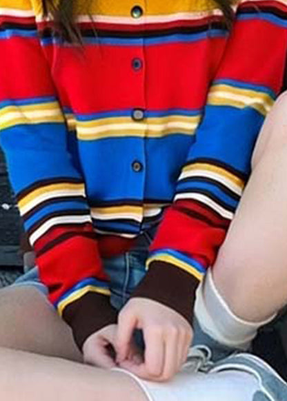 Art Striped Button Cozy Patchwork Knit Cardigan Fall