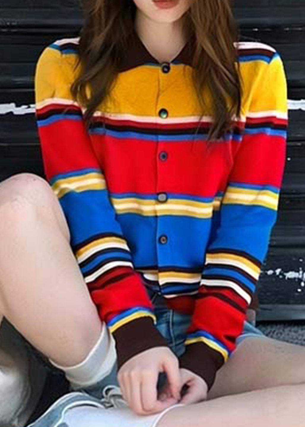 Art Striped Button Cozy Patchwork Knit Cardigan Fall