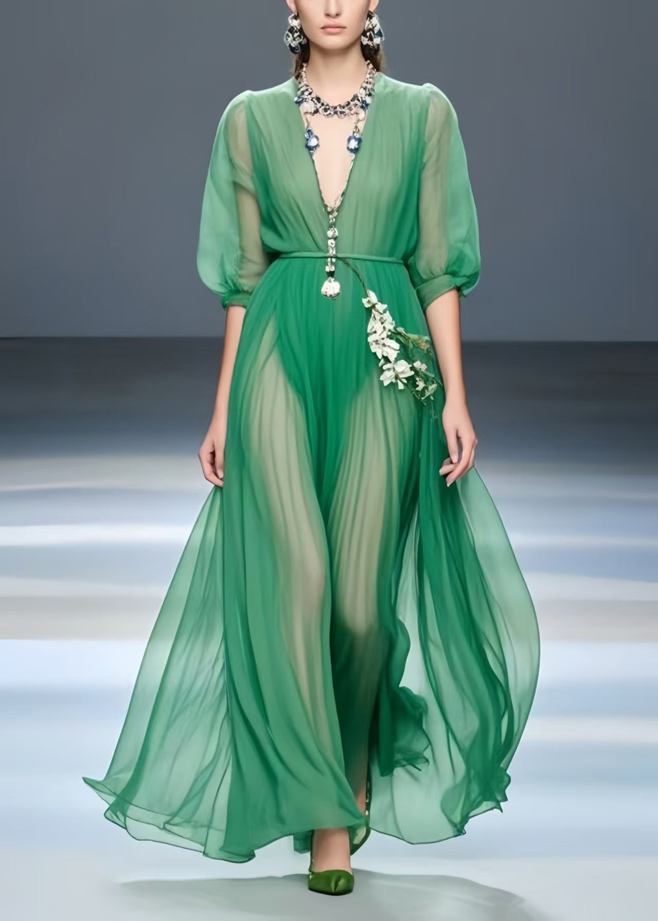 Art Tea Green Exra Large Hem Draping Chiffon Tunic Dress Summer