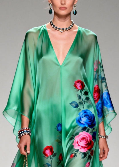 Art Tea Green Oversized Floral Print Chiffon Long Dresses Summer