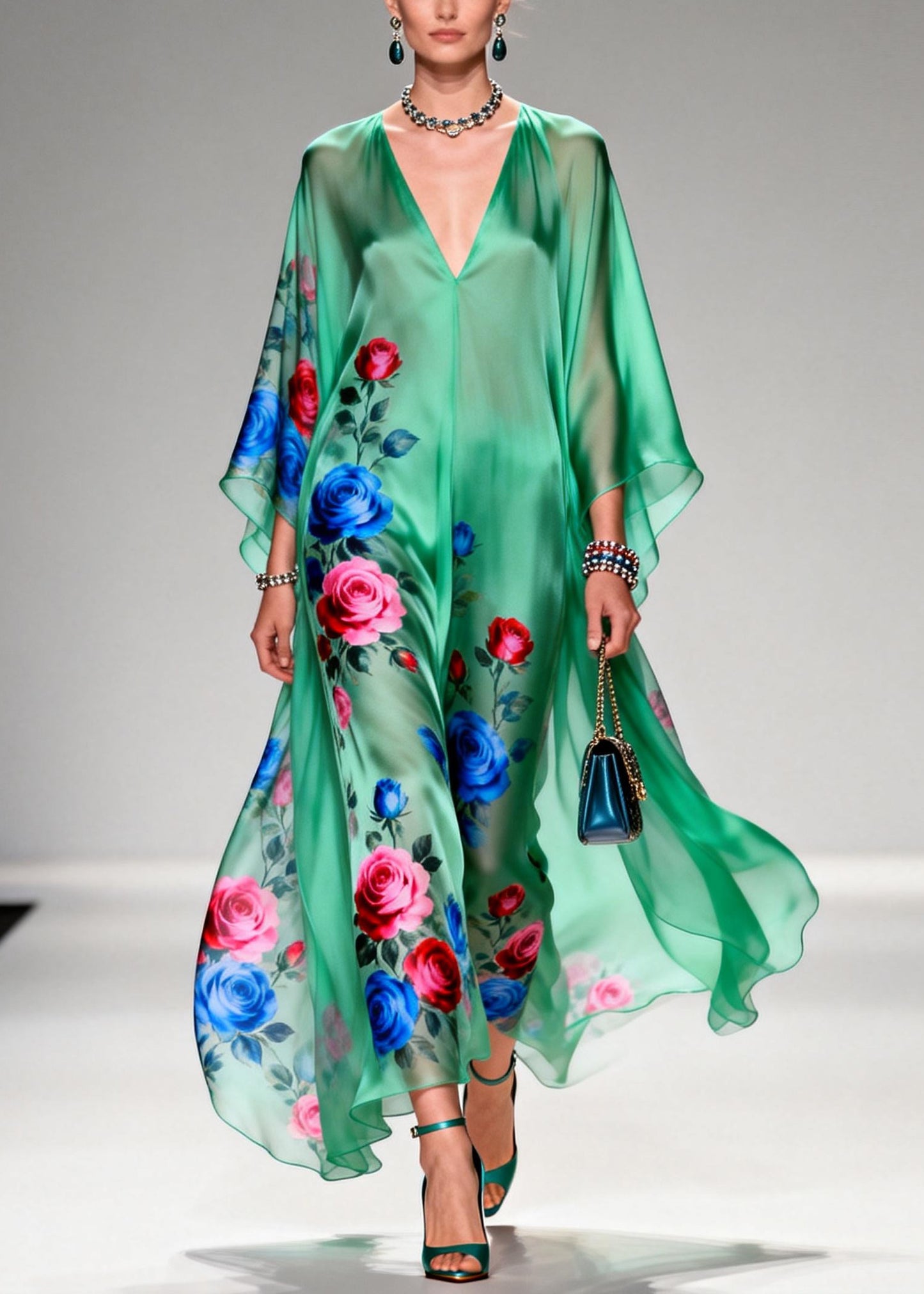 Art Tea Green Oversized Floral Print Chiffon Long Dresses Summer