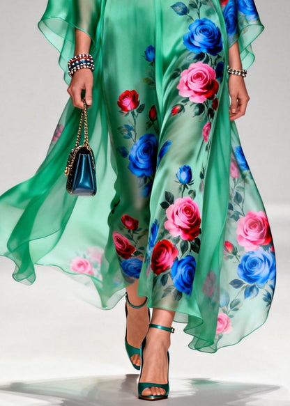 Art Tea Green Oversized Floral Print Chiffon Long Dresses Summer