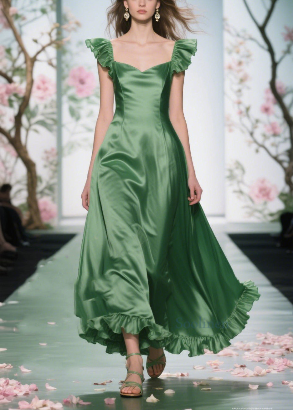 Art Tea Green Ruffled Exra Large Hem Silk Maxi Dresses Summer