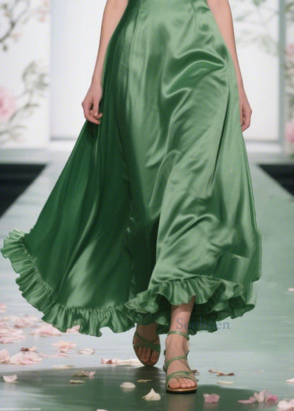 Art Tea Green Ruffled Exra Large Hem Silk Maxi Dresses Summer