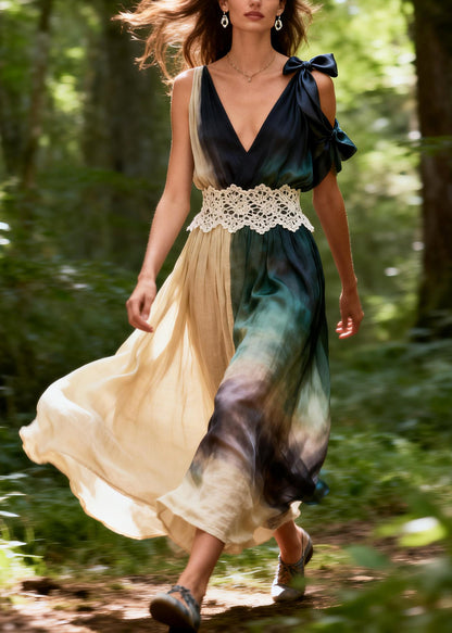 Art Tie Dye Asymmetrical Patchwork Cotton Ankle Dress Summer