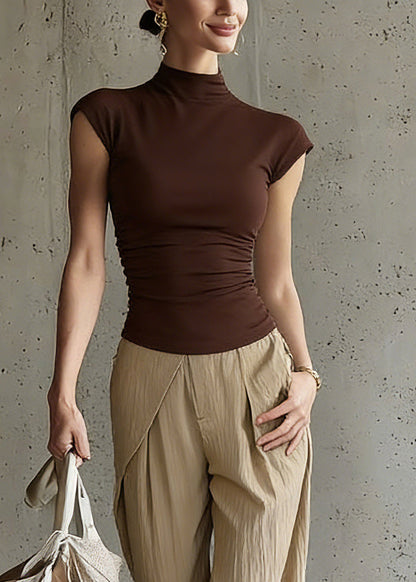 Art Turtleneck Top And Wide Leg Pants Two Piece Set Short Sleeve