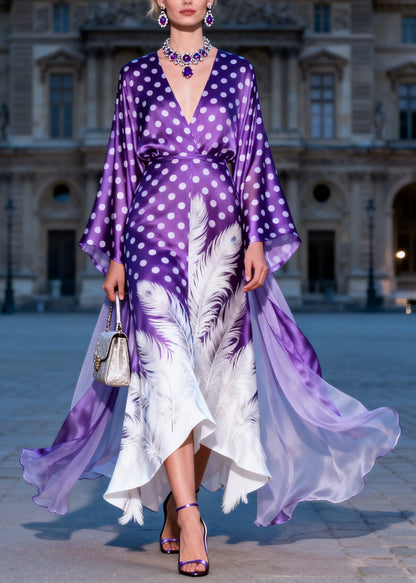 Art V Neck Dot Feather Print Silk Ankle Dress Dress Summer