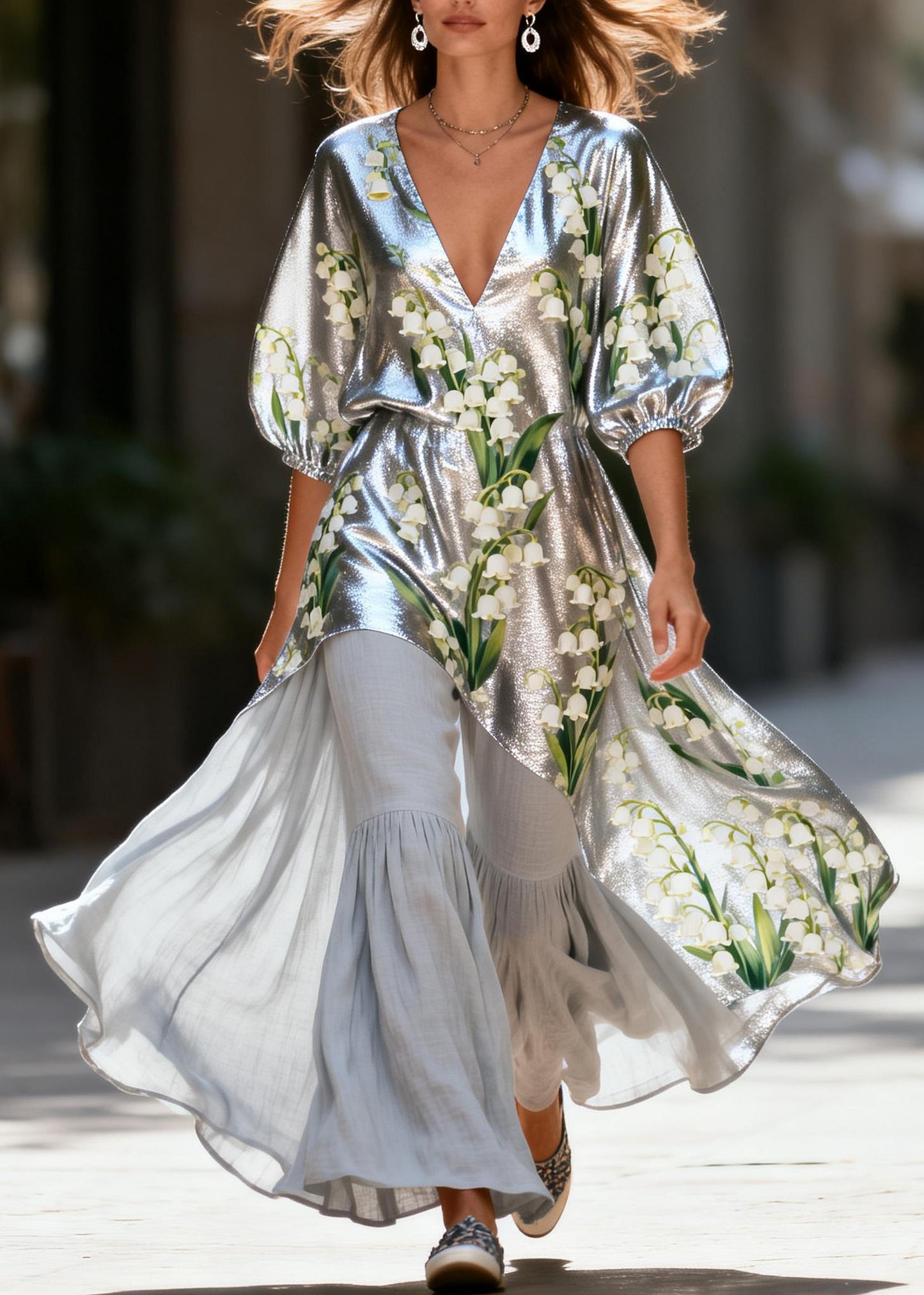 Art V Neck Print Silk Asymmetrical Top And Linen Pants Two Pieces Set Summer