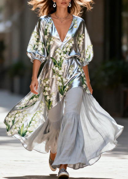 Art V Neck Print Silk Asymmetrical Top And Linen Pants Two Pieces Set Summer