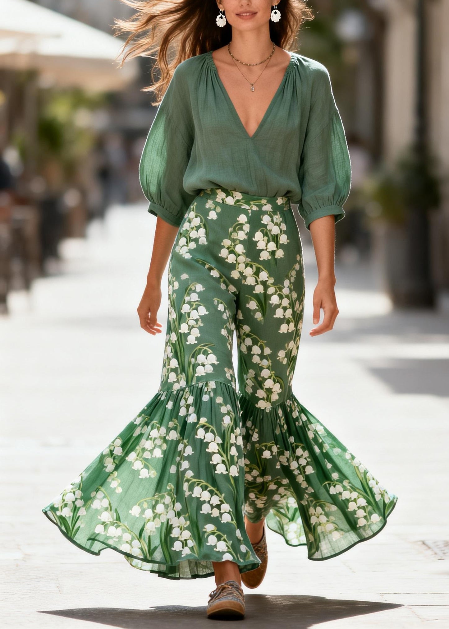 Art V Neck Print Tops And Pants Cotton Two Piece Set Women Clothing Summer