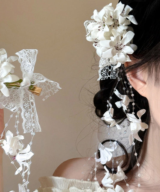 Art White Alloy Pearl Floral Tassel A Pair Hairpin
