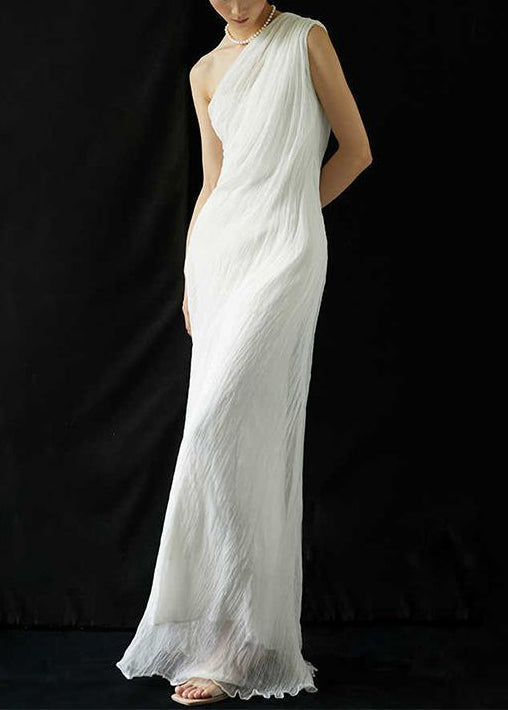 Art White Cold Shoulder Wrinkled Solid Silk Maxi Dress Summer
