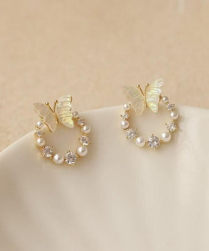 Art White Copper Overgild Pearl Butterfly Hoop Earrings
