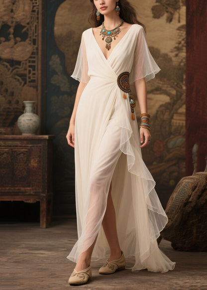 Art White Ethnic Style Tasseled Side Open Tulle Ankle Dress Summer