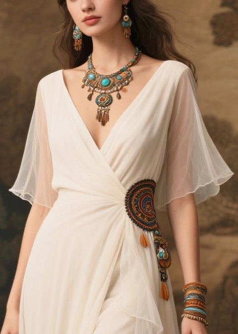 Art White Ethnic Style Tasseled Side Open Tulle Ankle Dress Summer