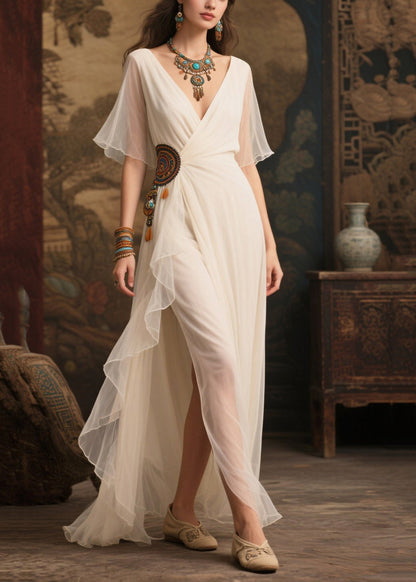 Art White Ethnic Style Tasseled Side Open Tulle Ankle Dress Summer