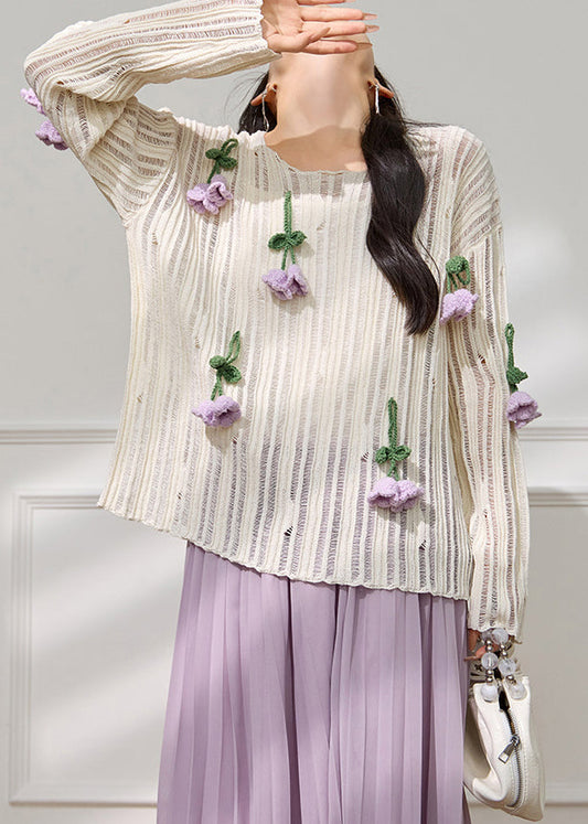 Art White Floral Hollow Out Knit Top Fall