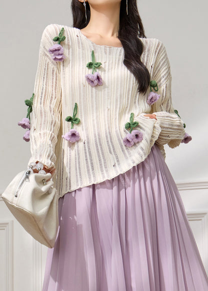 Art White Floral Hollow Out Knit Top Fall