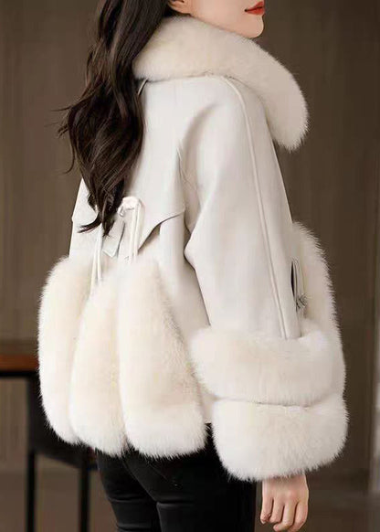 Art White Fur Collar Pockets Patchwork Parkas Winter
