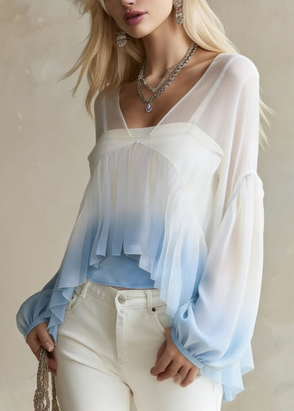 Art White Gradient Color V Neck Wrinkled Chiffon Shirt Spring