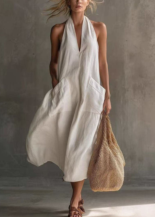 Art White Halter V Neck Pockets Cotton Maxi Dress Sleeveless