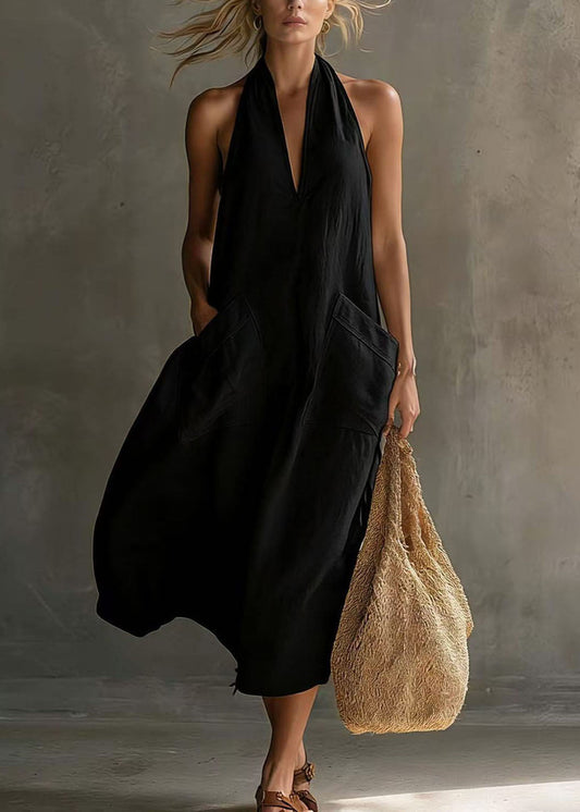 Art White Halter V Neck Pockets Cotton Maxi Dress Sleeveless