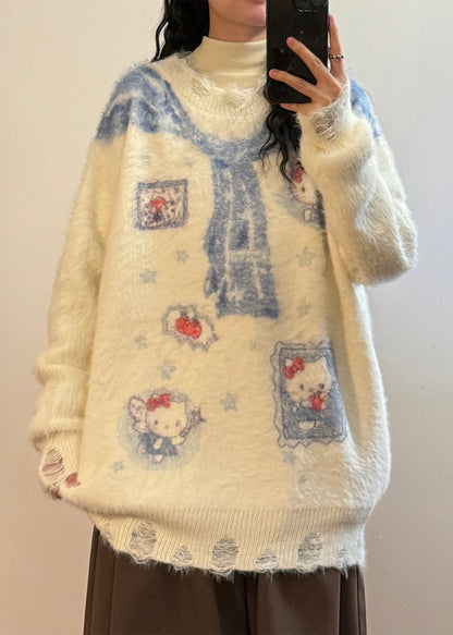 Art White Hole Print Mink Hair Knitted Sweaters Spring