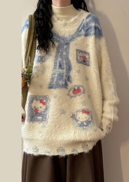 Art White Hole Print Mink Hair Knitted Sweaters Spring