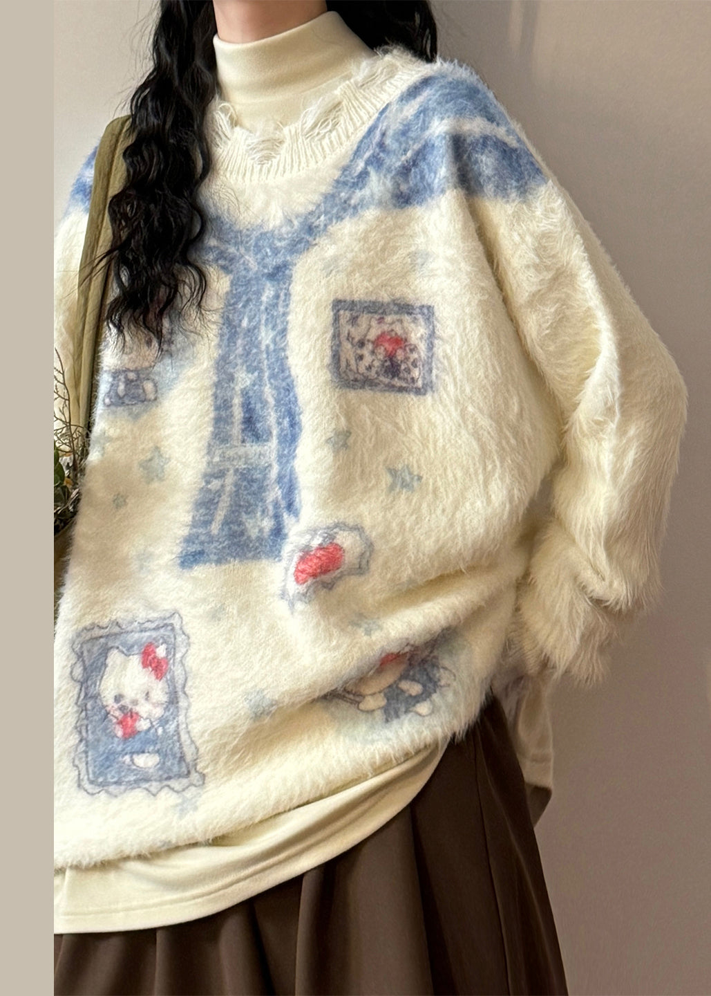 Art White Hole Print Mink Hair Knitted Sweaters Spring