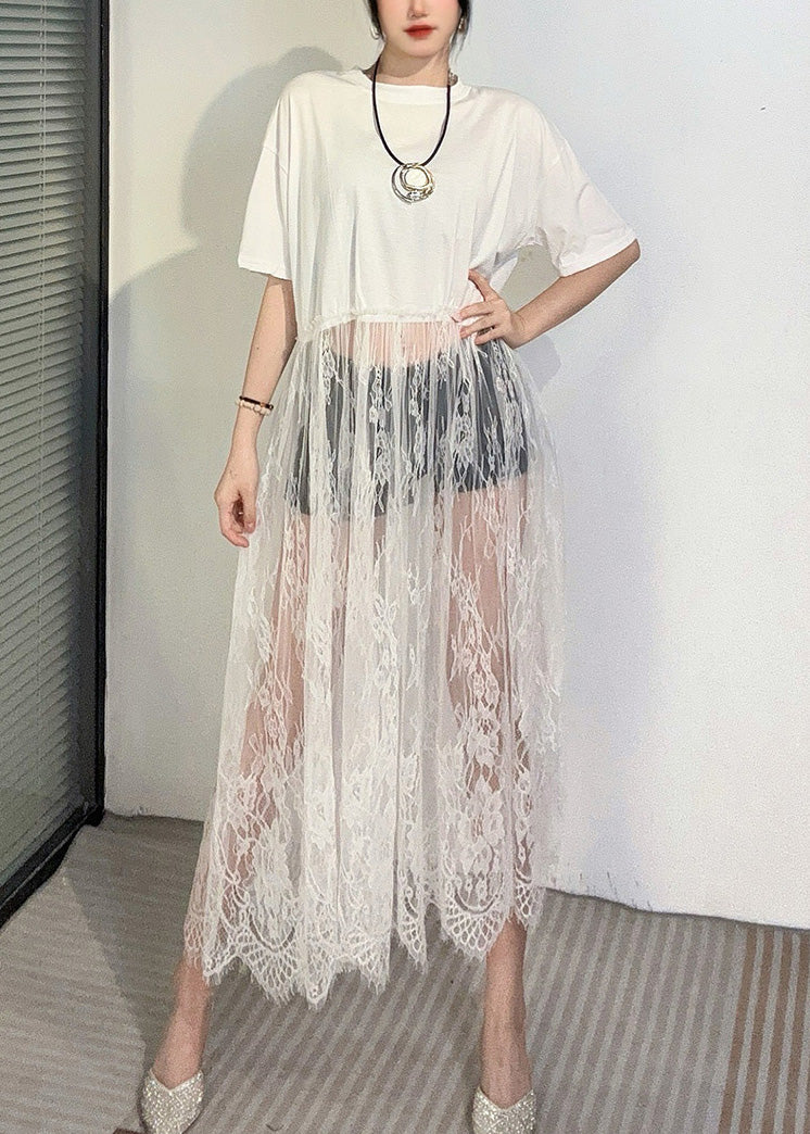 Art White Hollow Out Patchwork Lace Ankle Dress Summer