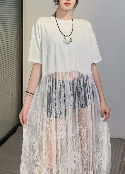 Art White Hollow Out Patchwork Lace Ankle Dress Summer