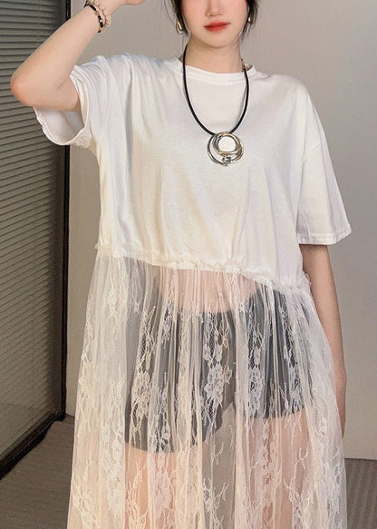 Art White Hollow Out Patchwork Lace Ankle Dress Summer
