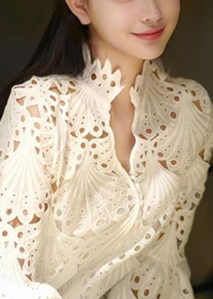 Art White Hollow Out Solid Lace Dresses Flare Sleeve