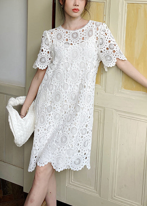 Art White O-Neck Hollow Out Cotton Dresses Summer