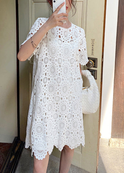 Art White O-Neck Hollow Out Cotton Dresses Summer