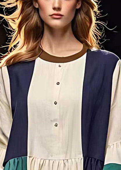 Art White O-Neck Patchwork Linen Dress Flare Sleeve